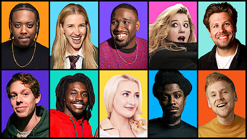 Ten people, each in their own square, pose for headshots with varied expressions and colorful casual clothing, arranged in a colorful grid pattern.