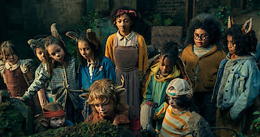 Christian Convery, Naledi Murray and co-stars as Gus, Wendy and the other hybrid kids