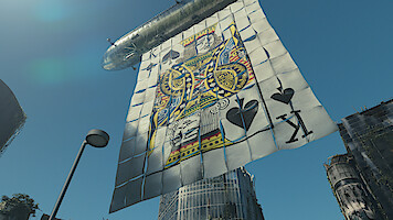 A giant King of Spades playing card banner is suspended beneath an airship, floating over a cityscape with modern and weathered buildings under a clear blue sky.