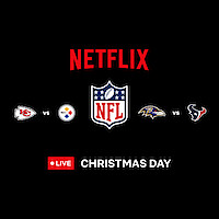 NFL on Netflix with four team logos including Kansas City Chiefs, Pittsburgh Steelers, Baltimore Ravens and Houston Texans