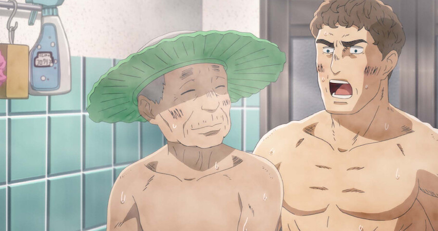 Two characters in a Japanese bathhouse in Thermae Romae