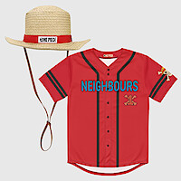 Red baseball jersey with "NEIGHBOURS" text and a straw hat featuring a "ONE PIECE" band, displayed on a light background. The outfit combines anime and sports themes.