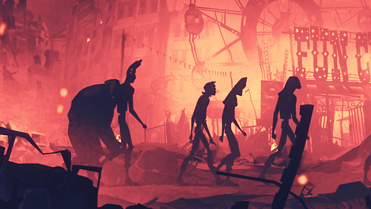 Key art for the episode "400 Boys" in 'Love, Death + Robots' Volume 4 featuring silhouetted figures walking with a burning ferris wheel behind them.