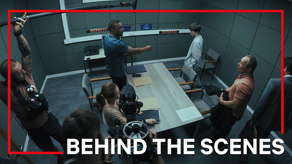 Faye Marsay as Detective Sargeant Frank, Ashley Walters as Detective Inspector Bascombe, Owen Cooper as Jamie Miller, Stephen Graham as Eddie Miller, Mark Stanley as Paulie Hunter, on the set of 'Adolescence'