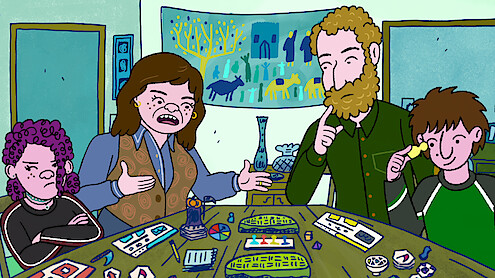 Abbi Jacobson as Shira Schwooper, Lisa Edelstein as Naomi Schwartz, Paul Reiser as Elliot Cooper and Max Greenfield as Yoshi Schwooper in Long Story Short