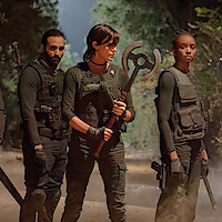 Marwan Kenzari as Joe, Charlize Theron as Andy, and KiKi Layne as Nile in 'The Old Guard 2'