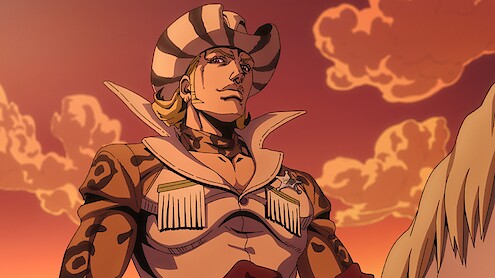 Anime character in a stylized cowboy outfit with a striped hat stands confidently outdoors at sunset, dramatic clouds in the background, giving a bold and adventurous atmosphere.