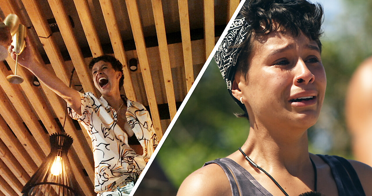 Surviving Paradise - in a split screen one person is holding a goblet another looks upset