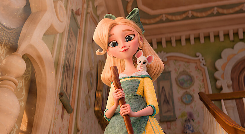 Animated blonde girl in a green and yellow dress holding a broom, with a small white mouse on her shoulder. She is standing indoors in a ornately decorated, warmly lit room with detailed furnishings and artwork.