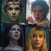 Grid of images featuring Millie Bobby Brown in 'Stranger Things,' 'Enola Holmes,' 'Damsel,' and 'The Electric State.'