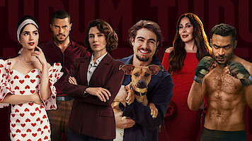 Montagem com diversos títulos da Netflix: Lily Collins (Emily in Paris), André Lamoglia (Os Donos do Jogo), Marjorie Estiano (Habeas Corpus), Rafa Vitti (Caramelo), Cláudia Raia (Sua Mãe Te Conhece?) e Vinicius Neri (Fúria)