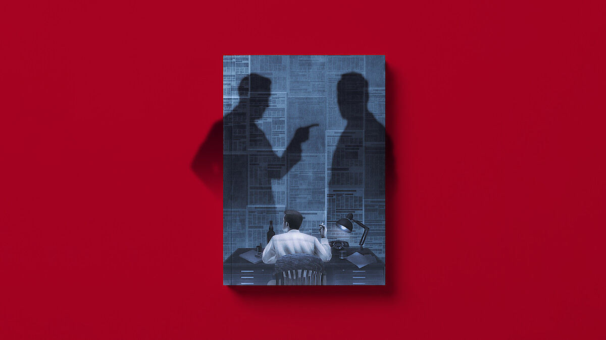 An illustrated faux book cover with a person sits at a desk in a dimly lit room, facing a wall covered in newspaper articles, with two large shadows of people looming behind, one pointing accusingly. The book sits on a red background.