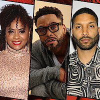 Three adults in separate portrait photos: a woman in a sparkly gold top, a man with glasses in a gray sweater, and a man in a patterned shirt, all set against different backgrounds with a graphic border.