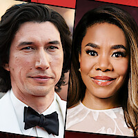 A split image showing a man in a formal white tuxedo with a black bow tie, background blurred, and a woman with long hair in a light-colored dress, posing against a dark red backdrop. Both are looking at the camera and smiling gently.
