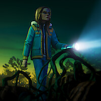 Animated girl in blue coat explores a dark, eerie forest at dusk, shining a flashlight over tangled roots or vines. The atmosphere is mysterious and tense, hinting at adventure or suspense in a wild natural environment.