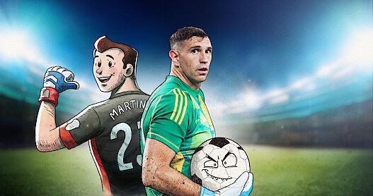 A soccer goalie in green kit stands on a brightly lit stadium field, holding a soccer ball with a cartoon face. Beside him is a cartoon version of himself, smiling and giving a thumbs up, creating a dynamic, energetic scene.