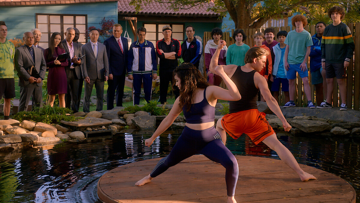 Students train at the dojo on a floating platform in Season 5 of 'Cobra Kai'