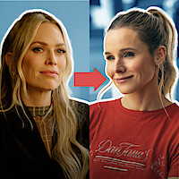 Erin Foster and Joanne (Kristen Bell) are shown in contrasting environments with a split background and a red arrow between them, suggesting comparison.