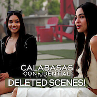 two women sitting at the edge of the pool looking like they are sharing secrets, "Calabasas Confidential" Deleted Scenes written in text