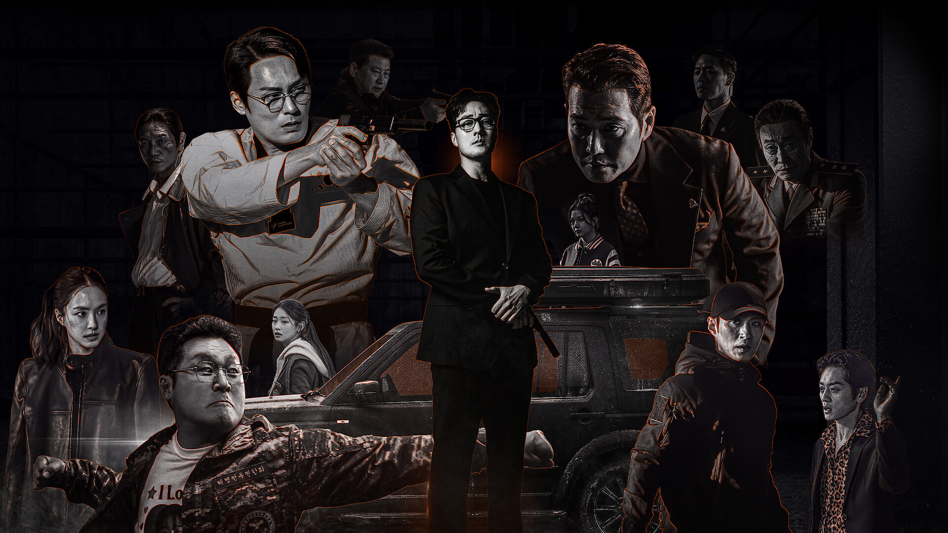 A group of serious-looking men and women, some in dramatic action poses and dark clothing, stand around a black SUV in a moody, dimly lit urban setting with tense, intense atmosphere.