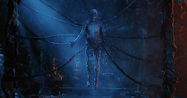 Vecna suspended in a dark, eerie environment with long, vine-like tendrils extending from his back.