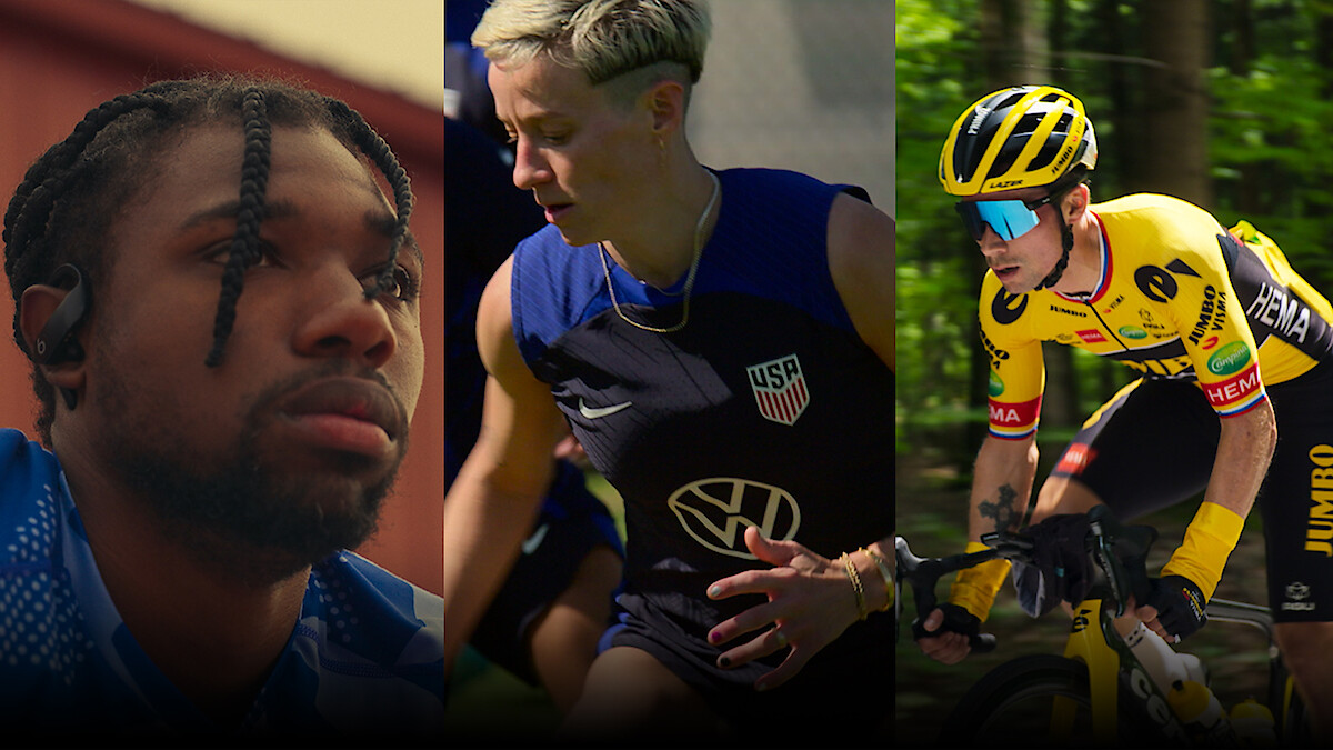 Three stills of athletes, Noah Lyles, Megan Rapinoe and Wout van Aert.