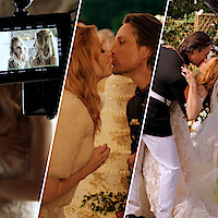Da esquerda para a direita, um tríptico de um monitor de câmera filmando Jenny Cooper e Alexandra Breckenridge no set, Jack e Mel se beijando na frente do bolo de casamento e Jack e Mel se abraçando após a cerimônia.
