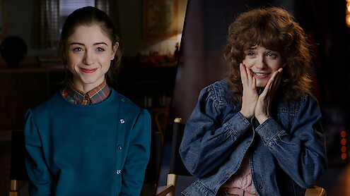 A split-image of Natalia Dyer at two different ages: younger on the left, sitting in a vintage-style room and smiling calmly; older on the right, in a softly lit modern setting, wearing a denim jacket and expressing excitement.