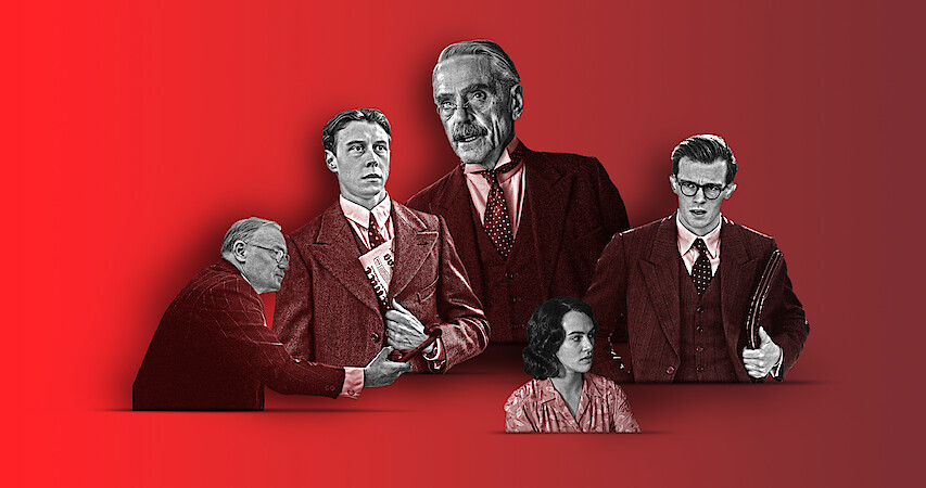 A collage illustration featuring the cast of 'Munich: The Edge of War'
