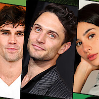 Three people in portrait orientation, each in separate panels. The first is a man with tousled dark hair and a white shirt, the second a man in a striped suit, and the third a woman with long dark hair and natural makeup, resting her face on her hand