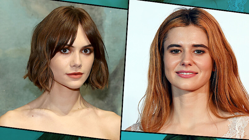 Two women are shown in separate portrait photos; the left has short brown hair against a textured backdrop, and the right has long light brown hair with a white background. Both are looking at the camera in formal poses.