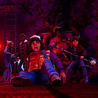 Stranger Things: Tales From 85 characters Dustin, Will, Mike, Max, and Nikki reacting with horror to something we the audience cannot see.