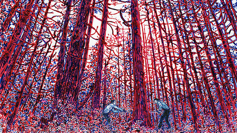 An illustration of two people cutting down a tree. 