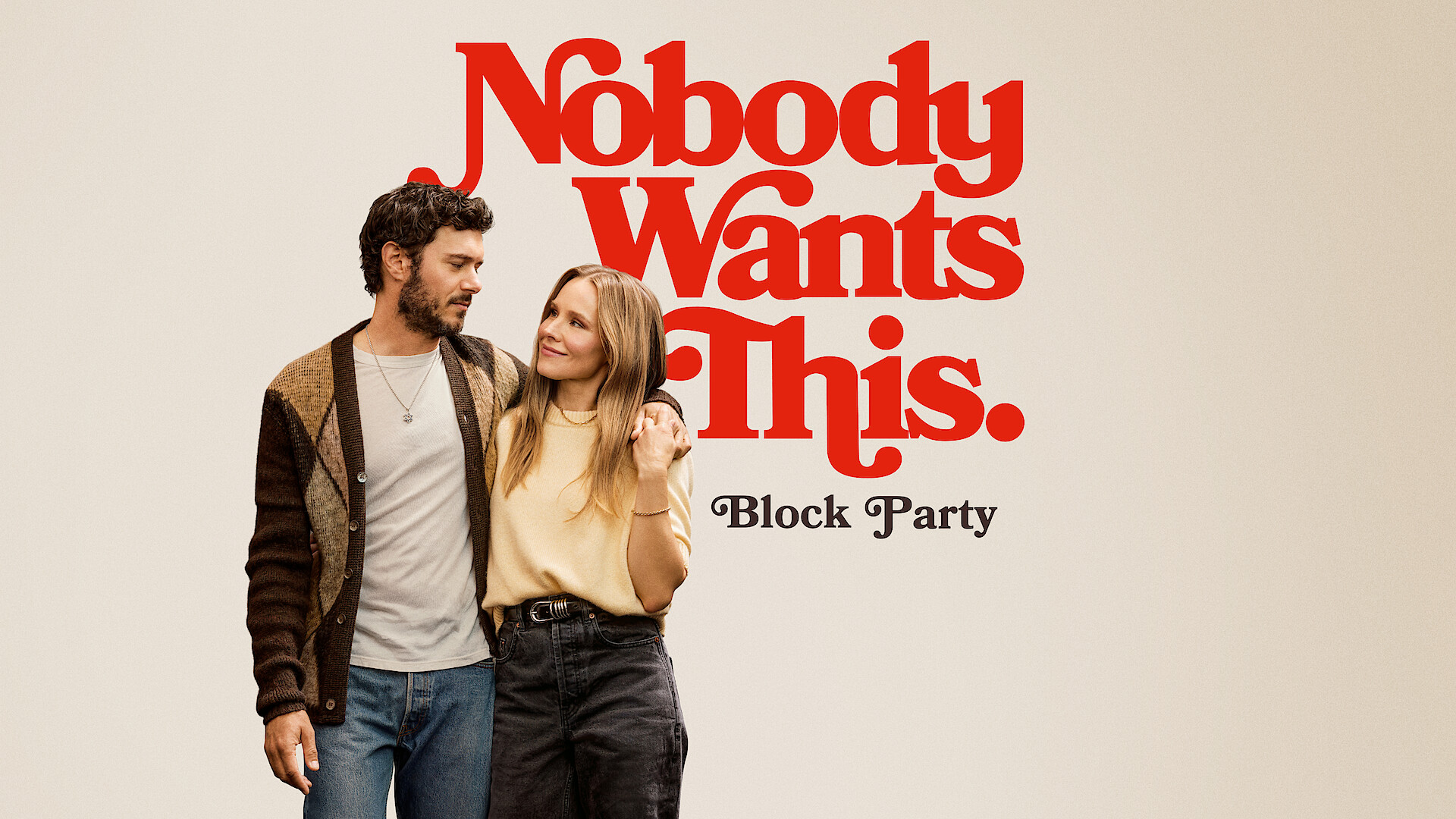 Joanne Williams and Noah Roklov arm in arm in front of 'Nobody Wants This' title art