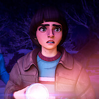 Animated boy with brown hair and a striped sweater holds a flashlight, looking surprised or scared. He is outdoors at night with barren trees and a mysterious purple and pink glow illuminating the scene.