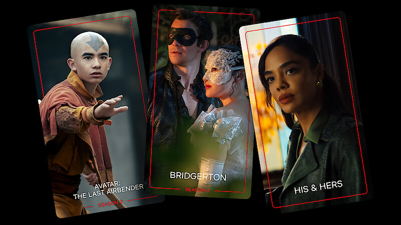 Three cards showing: a bald character in action from "Avatar: The Last Airbender," a masked couple in period costumes from "Bridgerton," and a woman in an office setting from "His & Hers," all with dramatic lighting.