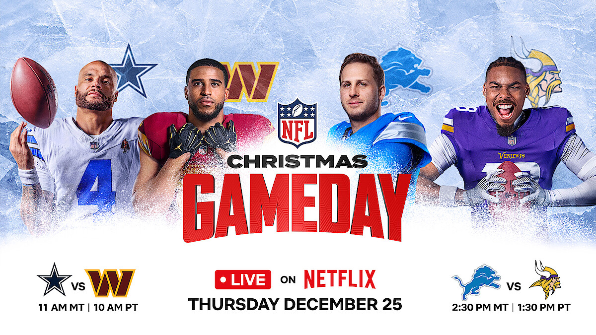 Four football players in NFL uniforms are featured on a snowy background with NFL Gameday branding, team logos, and details for upcoming Cowboys vs. Lions and Commanders vs. Vikings games on December 25, aired on Netflix.
