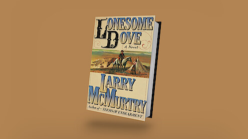 Book cover of "Lonesome Dove" by Larry McMurtry, featuring two cowboys riding horses across a western landscape, with a sepia-toned background. The book is floating and angled against a plain brown backdrop.