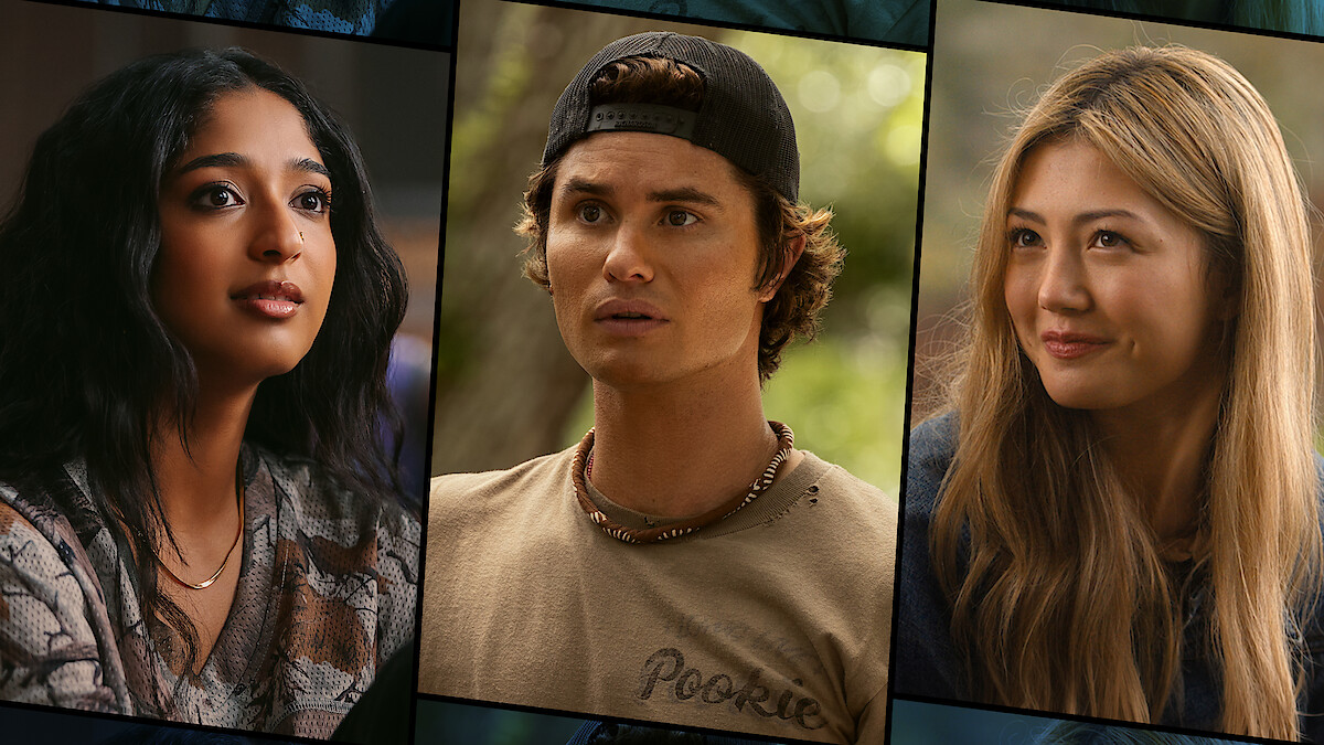 Three young adults in separate panels: a woman with long dark hair indoors, a man in a t-shirt and backward cap outdoors, and a woman with long blonde hair in a casual setting, all looking thoughtfully ahead.