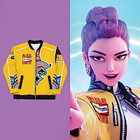 Split screen of Rumi's jacket, and Rumi from 'KPop Demon Hunters'