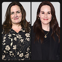Two women are pictured side by side against a plain background; the woman on the left wears a floral print blouse, while the woman on the right is dressed in black with jewelry, both smiling in a well-lit studio setting.
