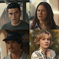 Four people shown in separate squares: a concerned man indoors, a worried woman indoors, a young man in a cap outdoors, and a sad woman holding a plastic bag outside, each in different settings and lighting.