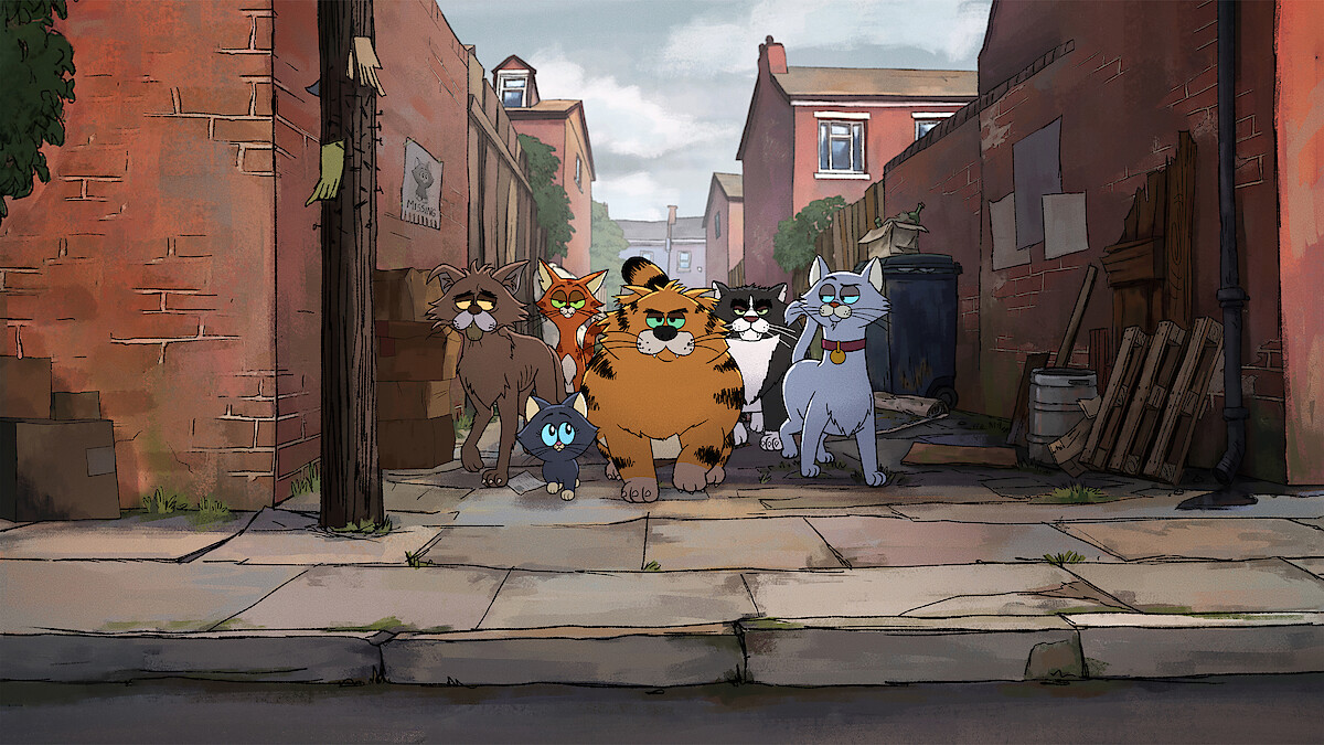 A group of animated cats stands together in a narrow city alleyway with brick walls, trash bins, and scattered debris, giving the scene an urban, slightly rundown feel.