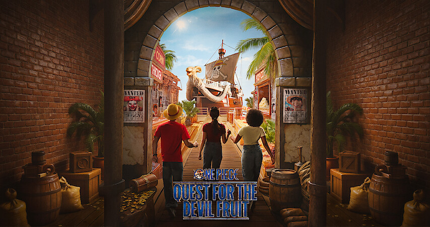 Three people walk through a brick archway toward a pirate ship in a lively tropical port, surrounded by barrels, crates, wanted posters, and palm trees, evoking adventure and excitement.