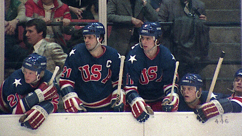 Team USA watches the match from the bench in 'Miracle: The Boys of '80.'