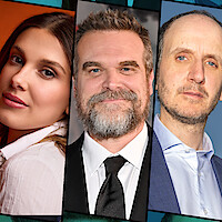 Headshots of Millie Bobby Brown, David Harbour, and Jack Thorne