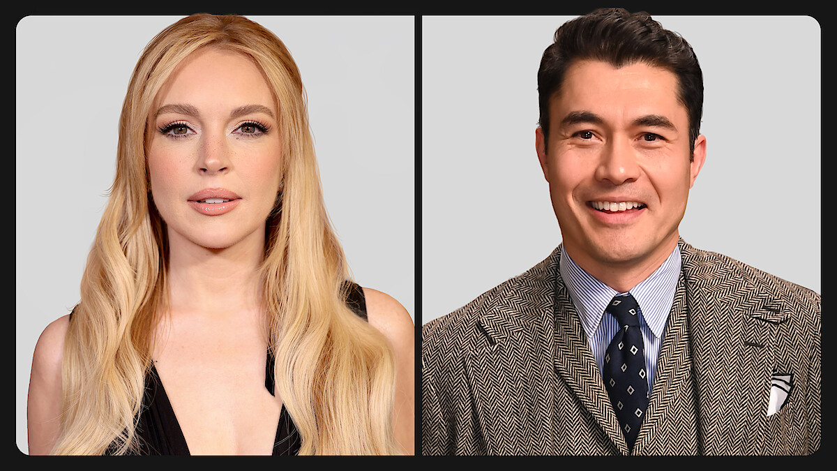 A split image showing a woman with long blonde hair in a black outfit on the left, and a man with dark hair in a brown suit and polka dot tie on the right, both against plain light backgrounds.
