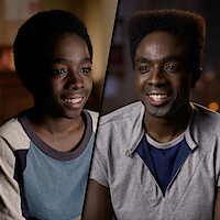 A side-by-side image shows a smiling Caleb McLaughlin at two different ages: one younger in a softly lit indoor setting and one older in a warmly lit room with shelves in the background.