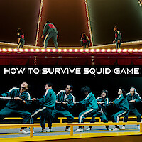 Players in green tracksuits compete in Squid Game challenges under dramatic lighting. The top scene features the Glass Stepping Stones game, while the bottom shows a tense moment from Tug-of-War.