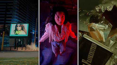 Triptych graphic showing stills from a video featuring a billboard of 'Anitta', a still referencing a 'Stranger Things' character levitating, and a close-up of a book titled 'Frankenstein'.